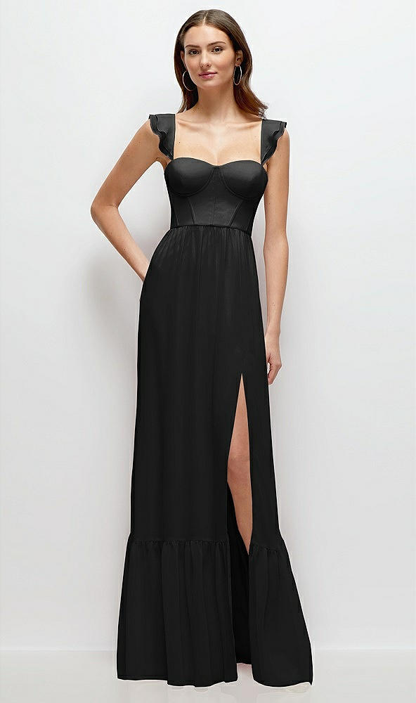 Front View - Black Ruffle Strap Chiffon Bustier Maxi Dress with Ruffle Hem A-Line Skirt