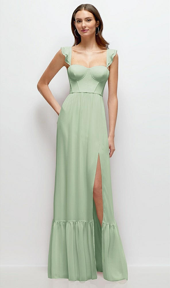 Front View - Celadon Ruffle Strap Chiffon Bustier Maxi Dress with Ruffle Hem A-Line Skirt