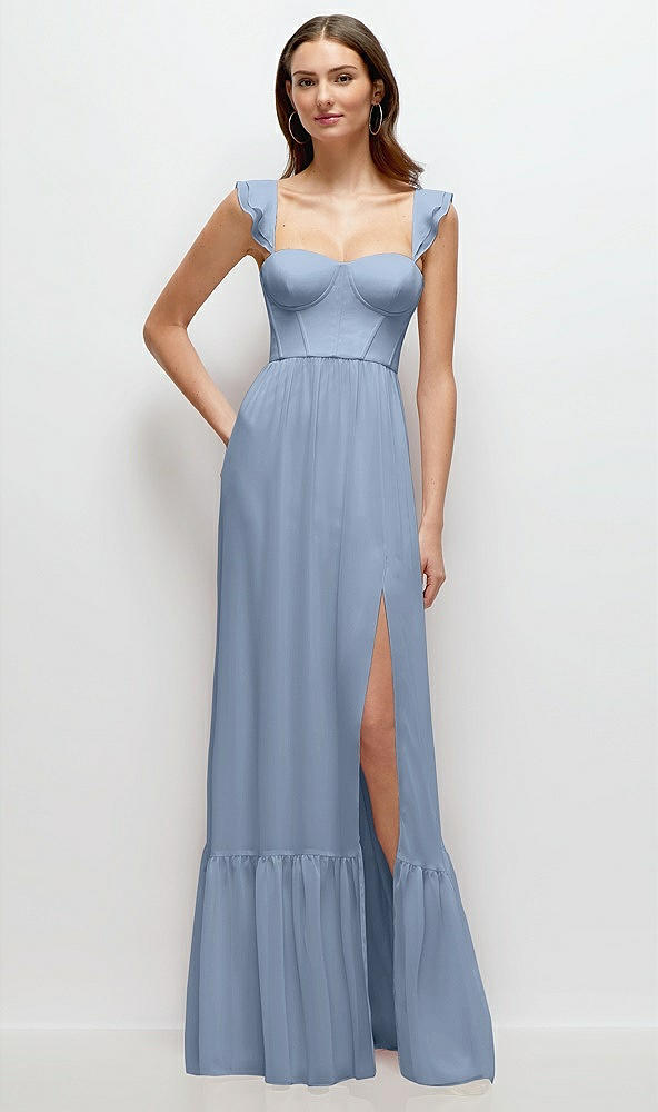 Front View - Cloudy Ruffle Strap Chiffon Bustier Maxi Dress with Ruffle Hem A-Line Skirt