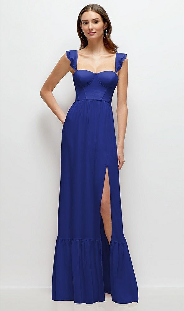 Front View - Cobalt Blue Ruffle Strap Chiffon Bustier Maxi Dress with Ruffle Hem A-Line Skirt