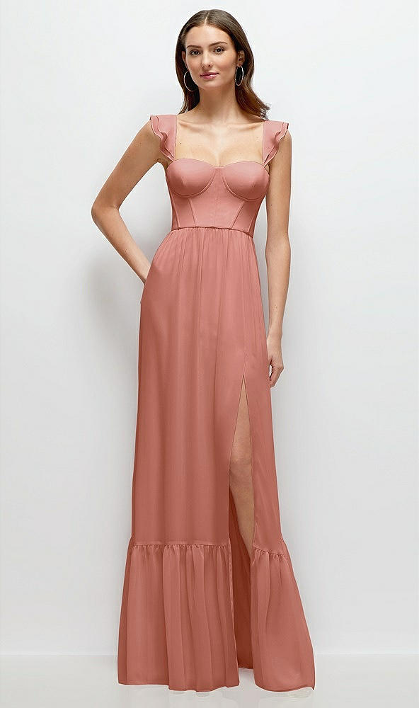 Front View - Desert Rose Ruffle Strap Chiffon Bustier Maxi Dress with Ruffle Hem A-Line Skirt