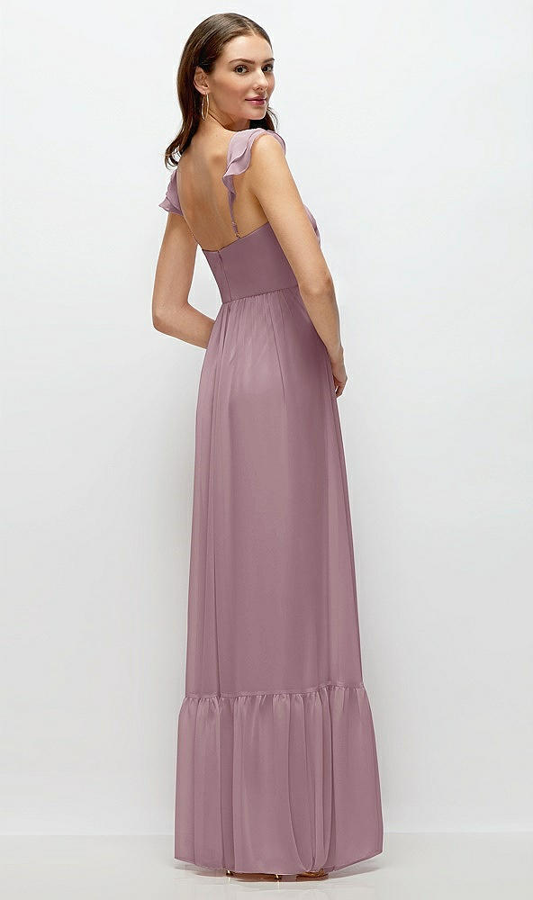 Back View - Dusty Rose Ruffle Strap Chiffon Bustier Maxi Dress with Ruffle Hem A-Line Skirt