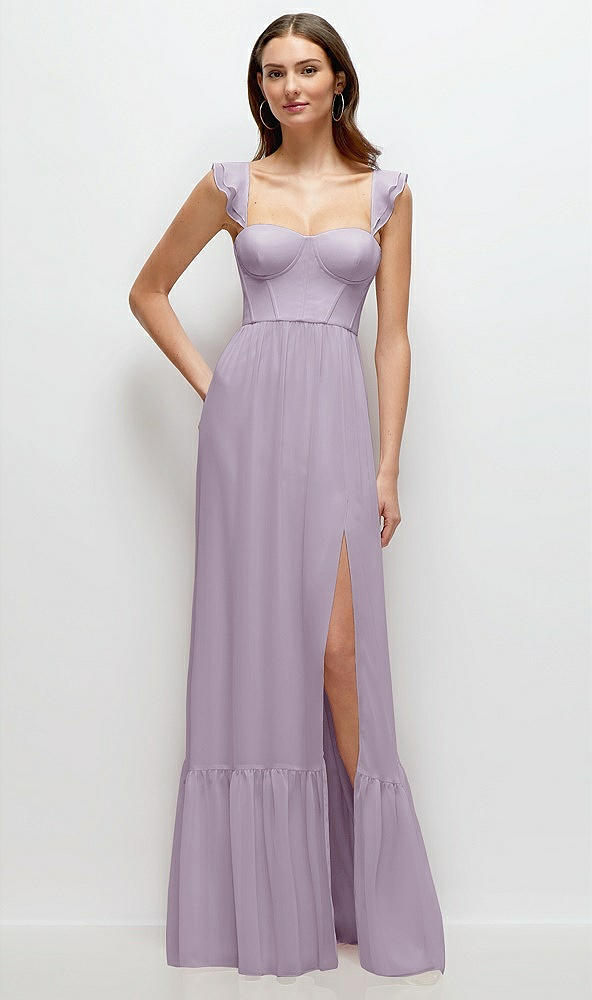 Front View - Lilac Haze Ruffle Strap Chiffon Bustier Maxi Dress with Ruffle Hem A-Line Skirt