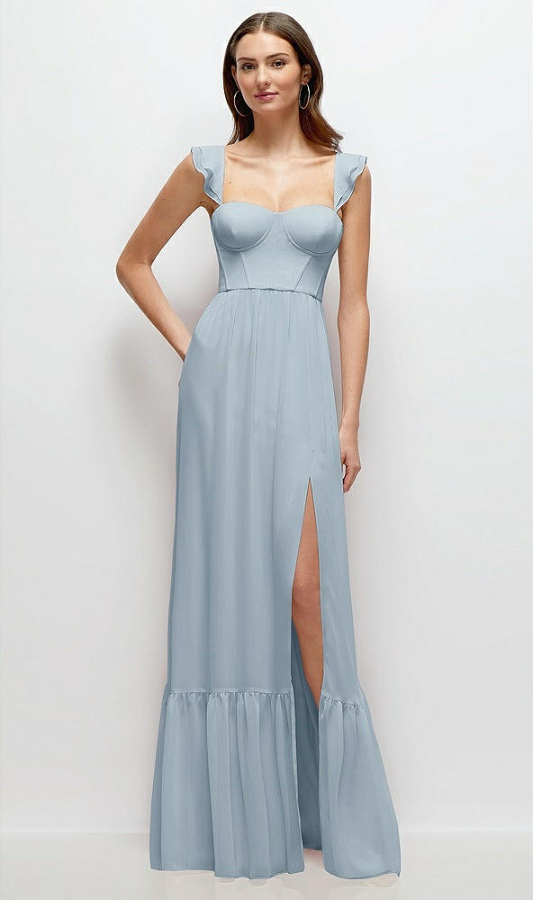 Front View - Mist Ruffle Strap Chiffon Bustier Maxi Dress with Ruffle Hem A-Line Skirt