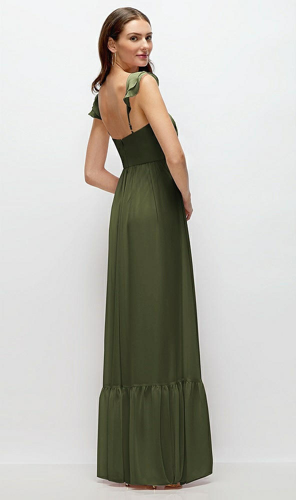 Back View - Olive Green Ruffle Strap Chiffon Bustier Maxi Dress with Ruffle Hem A-Line Skirt