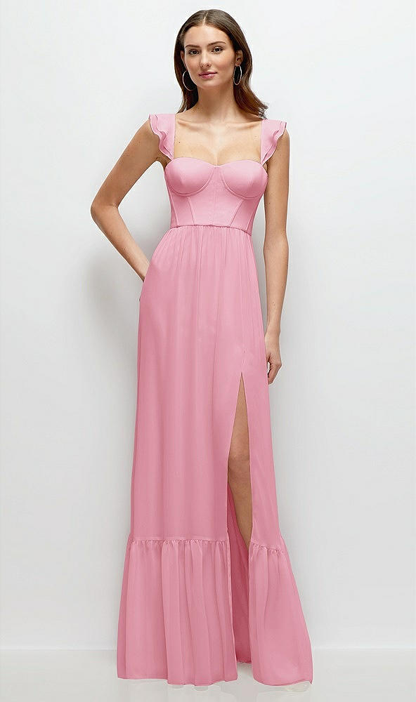 Front View - Peony Pink Ruffle Strap Chiffon Bustier Maxi Dress with Ruffle Hem A-Line Skirt