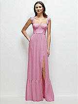 Front View Thumbnail - Powder Pink Ruffle Strap Chiffon Bustier Maxi Dress with Ruffle Hem A-Line Skirt