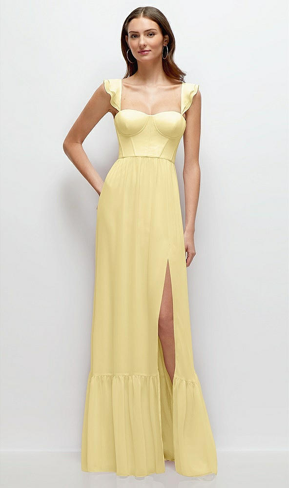 Front View - Pale Yellow Ruffle Strap Chiffon Bustier Maxi Dress with Ruffle Hem A-Line Skirt