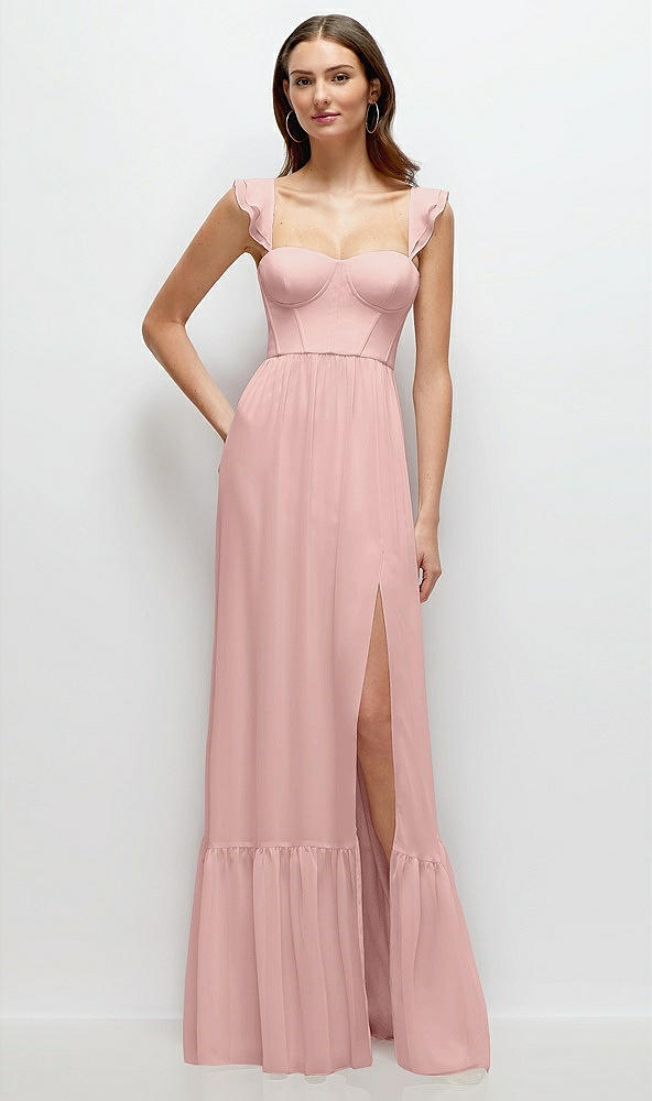 Front View - Rose - PANTONE Rose Quartz Ruffle Strap Chiffon Bustier Maxi Dress with Ruffle Hem A-Line Skirt