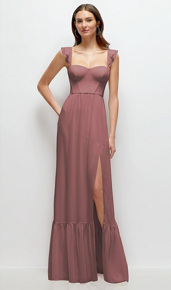 Front View - Rosewood Ruffle Strap Chiffon Bustier Maxi Dress with Ruffle Hem A-Line Skirt