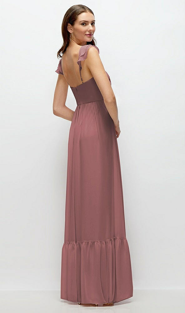 Back View - Rosewood Ruffle Strap Chiffon Bustier Maxi Dress with Ruffle Hem A-Line Skirt