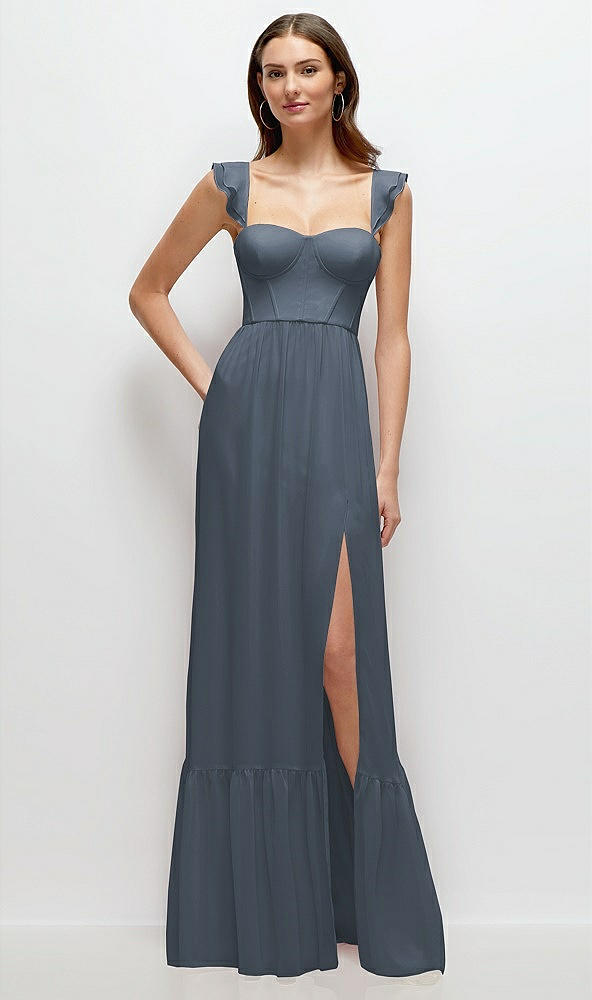 Front View - Silverstone Ruffle Strap Chiffon Bustier Maxi Dress with Ruffle Hem A-Line Skirt