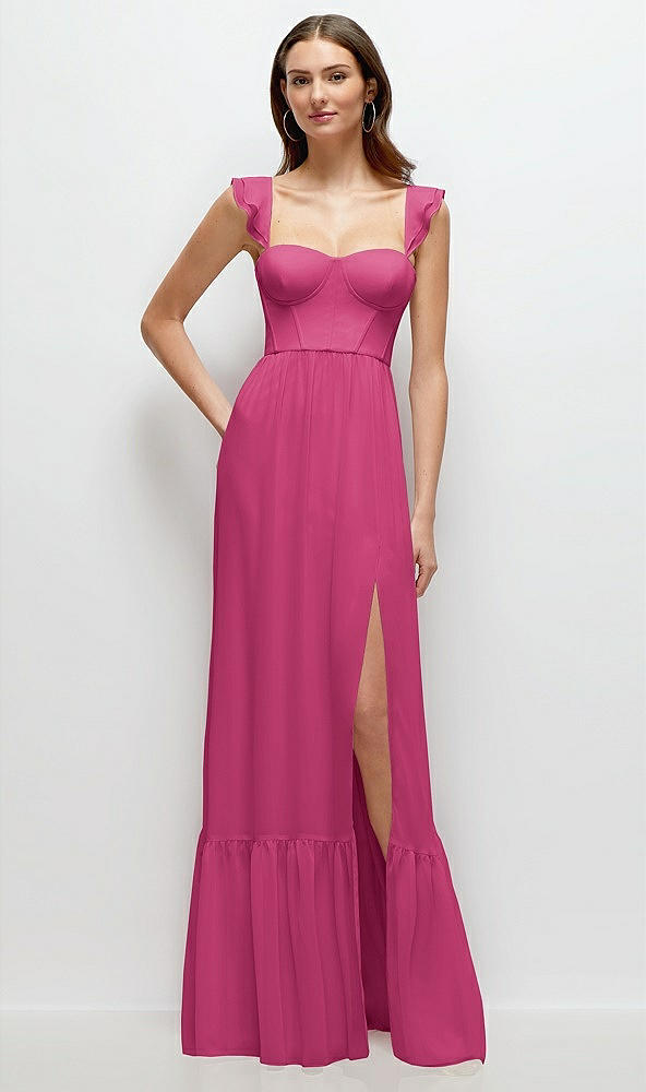 Front View - Tea Rose Ruffle Strap Chiffon Bustier Maxi Dress with Ruffle Hem A-Line Skirt