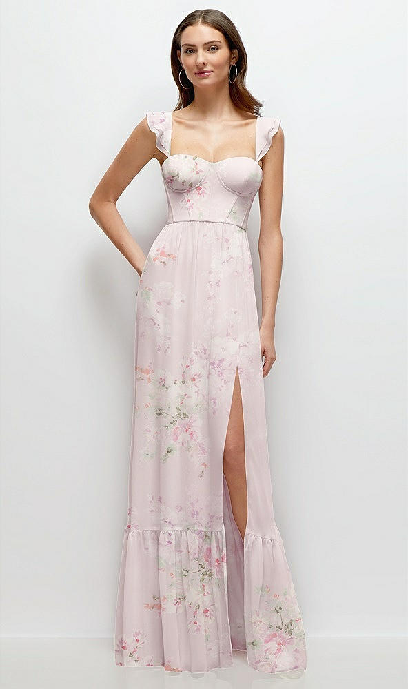 Front View - Watercolor Print Ruffle Strap Chiffon Bustier Maxi Dress with Ruffle Hem A-Line Skirt