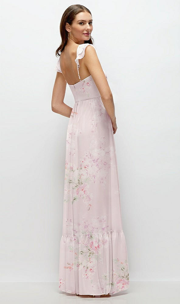 Back View - Watercolor Print Ruffle Strap Chiffon Bustier Maxi Dress with Ruffle Hem A-Line Skirt