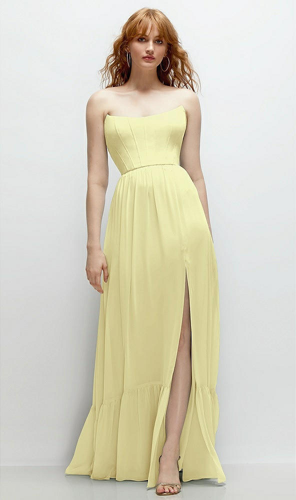 Front View - Butter Yellow Strapless Cat-Eye Corset Maxi Dress with Ruffle Hem A-Line Skirt