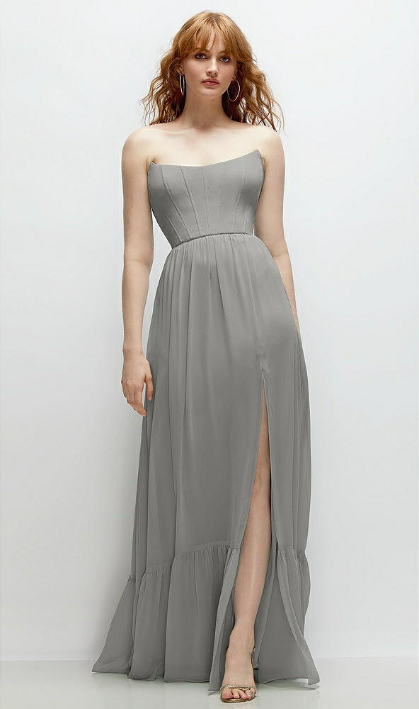 Front View - Chelsea Gray Strapless Cat-Eye Corset Maxi Dress with Ruffle Hem A-Line Skirt