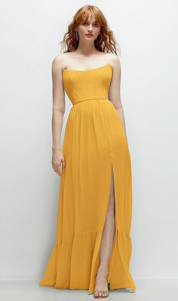 Front View - NYC Yellow Strapless Cat-Eye Corset Maxi Dress with Ruffle Hem A-Line Skirt