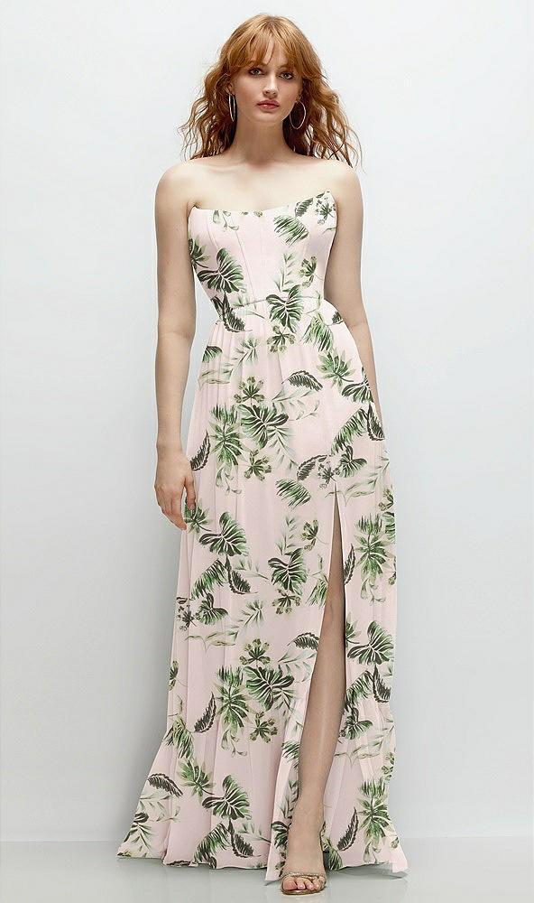 Front View - Palm Beach Print Strapless Cat-Eye Corset Maxi Dress with Ruffle Hem A-Line Skirt