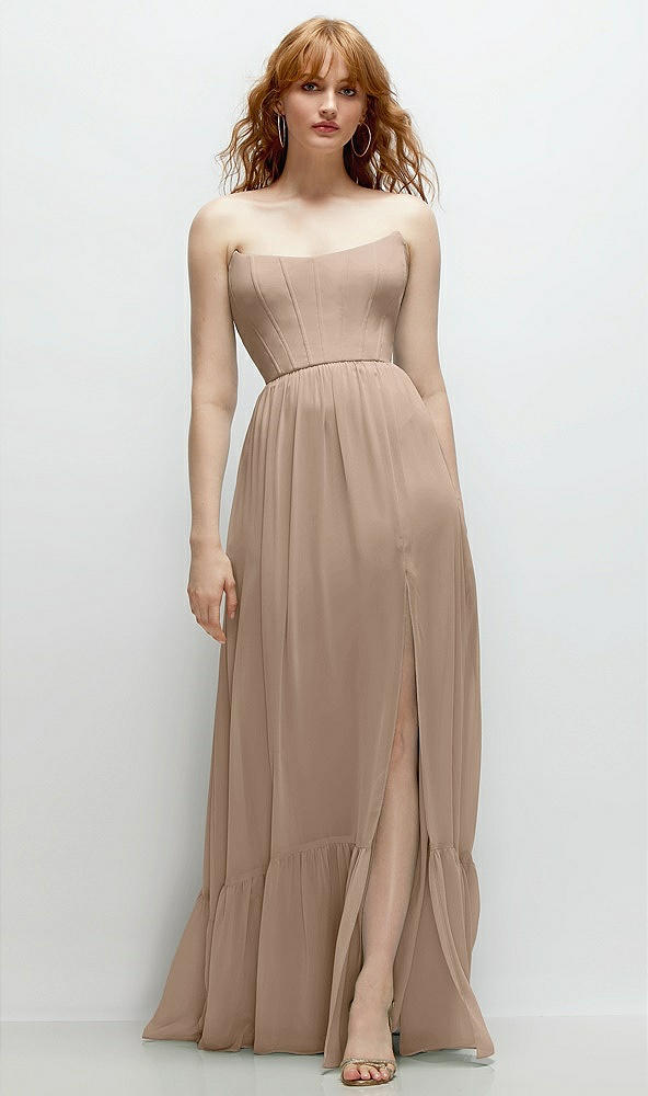 Front View - Topaz Strapless Cat-Eye Corset Maxi Dress with Ruffle Hem A-Line Skirt