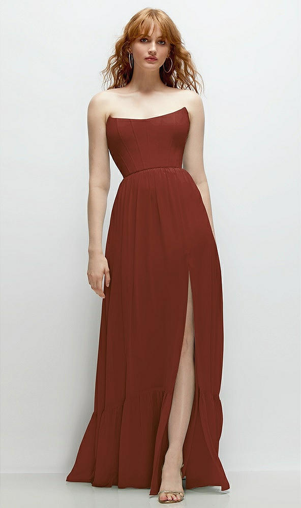 Front View - Auburn Moon Strapless Cat-Eye Corset Maxi Dress with Ruffle Hem A-Line Skirt