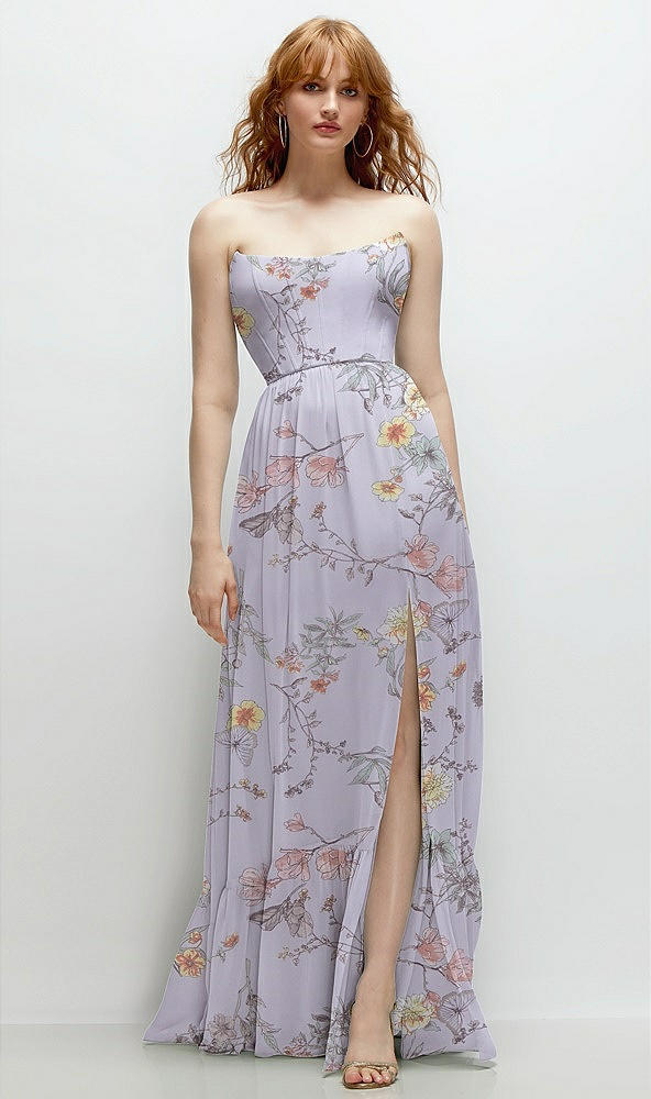 Front View - Butterfly Botanica Silver Dove Strapless Cat-Eye Corset Maxi Dress with Ruffle Hem A-Line Skirt