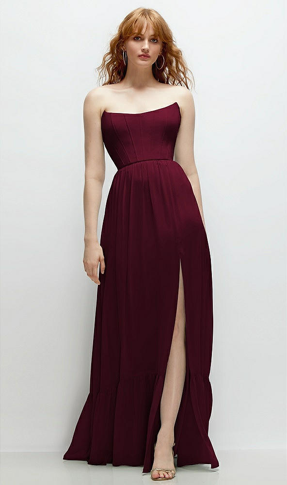 Front View - Cabernet Strapless Cat-Eye Corset Maxi Dress with Ruffle Hem A-Line Skirt