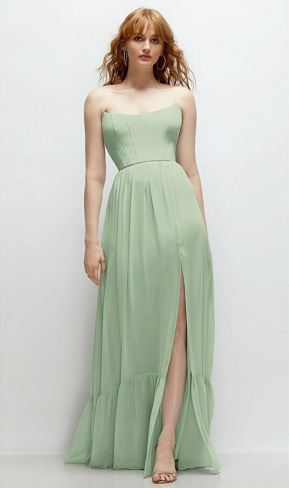 Front View - Celadon Strapless Cat-Eye Corset Maxi Dress with Ruffle Hem A-Line Skirt