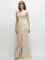 Side View Thumbnail - Champagne Strapless Cat-Eye Corset Maxi Dress with Ruffle Hem A-Line Skirt