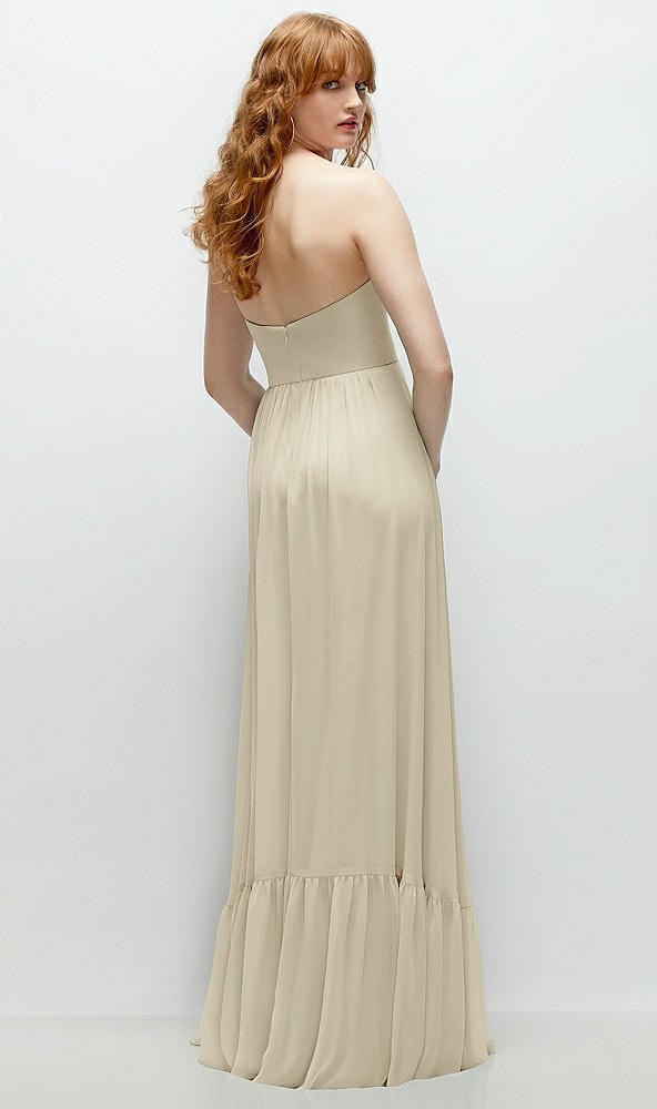 Back View - Champagne Strapless Cat-Eye Corset Maxi Dress with Ruffle Hem A-Line Skirt