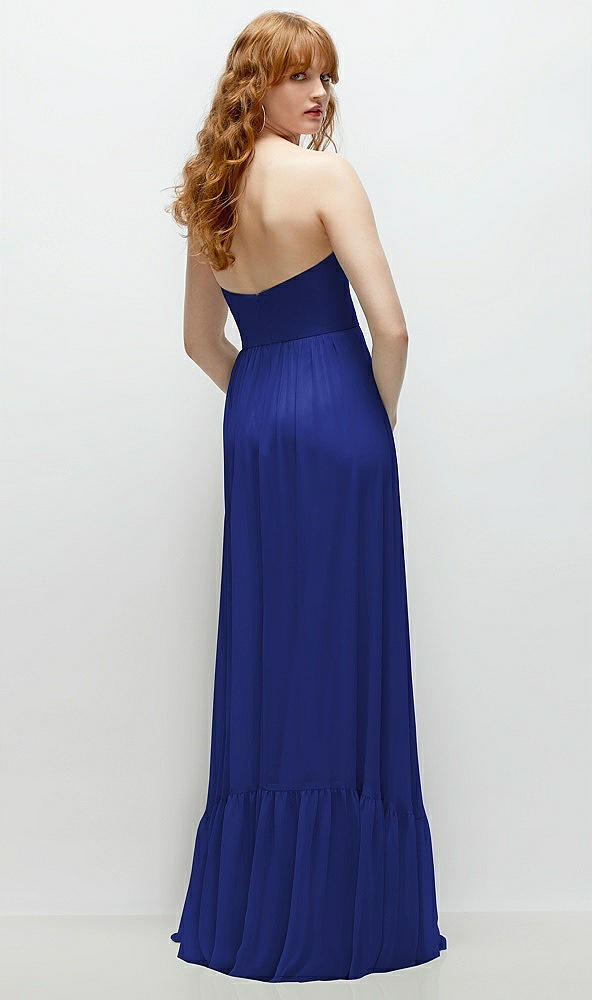 Back View - Cobalt Blue Strapless Cat-Eye Corset Maxi Dress with Ruffle Hem A-Line Skirt