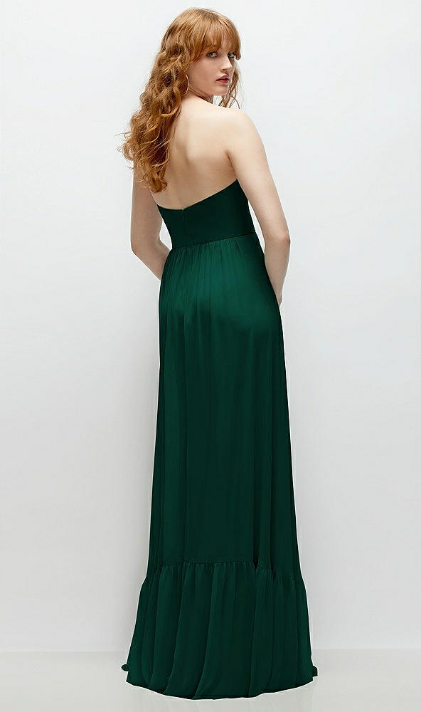 Back View - Hunter Green Strapless Cat-Eye Corset Maxi Dress with Ruffle Hem A-Line Skirt