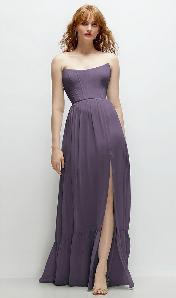 Front View - Lavender Strapless Cat-Eye Corset Maxi Dress with Ruffle Hem A-Line Skirt