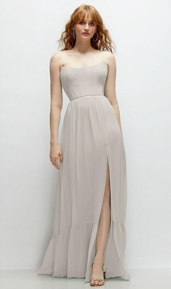 Front View - Oyster Strapless Cat-Eye Corset Maxi Dress with Ruffle Hem A-Line Skirt