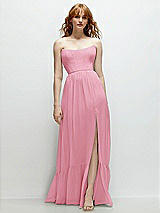 Front View Thumbnail - Peony Pink Strapless Cat-Eye Corset Maxi Dress with Ruffle Hem A-Line Skirt