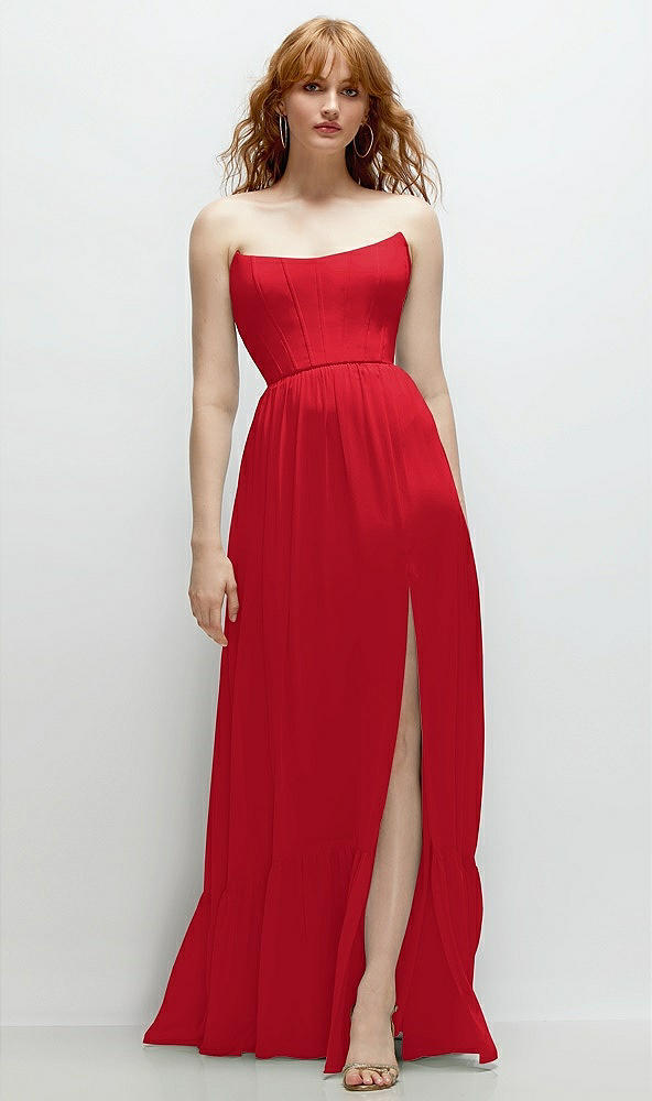 Front View - Parisian Red Strapless Cat-Eye Corset Maxi Dress with Ruffle Hem A-Line Skirt