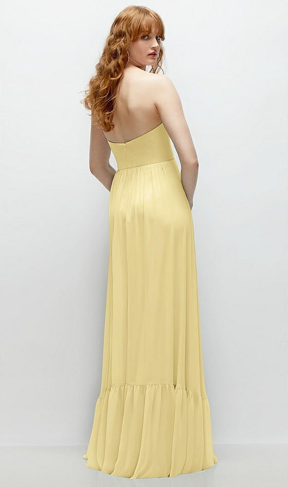 Back View - Pale Yellow Strapless Cat-Eye Corset Maxi Dress with Ruffle Hem A-Line Skirt