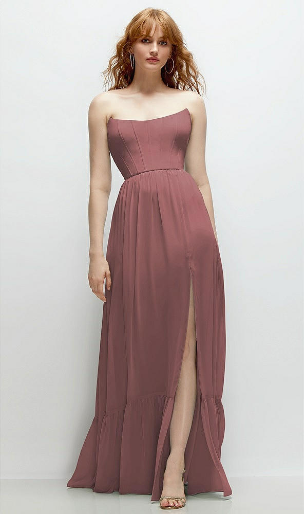 Front View - Rosewood Strapless Cat-Eye Corset Maxi Dress with Ruffle Hem A-Line Skirt