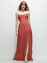 Front View Thumbnail - Coral Pink Strapless Cat-Eye Corset Maxi Dress with Ruffle Hem A-Line Skirt