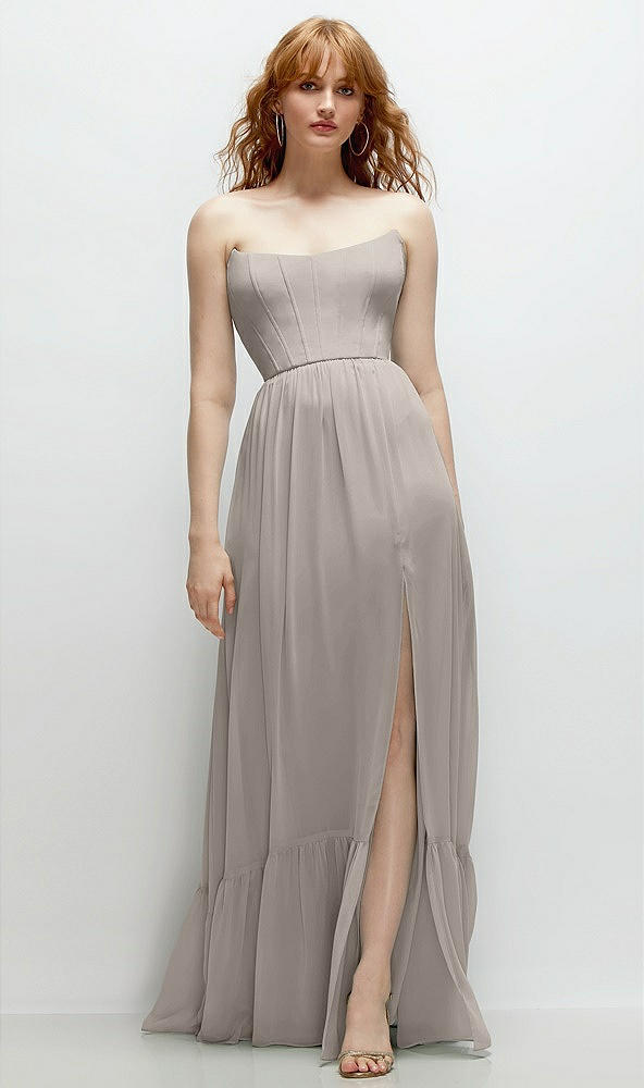 Front View - Taupe Strapless Cat-Eye Corset Maxi Dress with Ruffle Hem A-Line Skirt