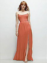 Front View Thumbnail - Terracotta Copper Strapless Cat-Eye Corset Maxi Dress with Ruffle Hem A-Line Skirt