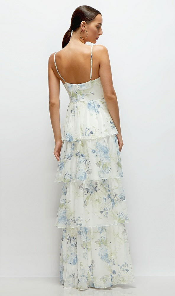 Back View - Bleu Garden Bustier-Style Chiffon Tiered Ruffle Maxi Dress with Adjustable Straps