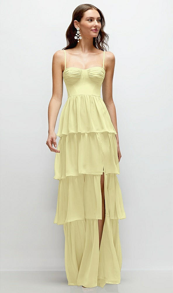 Front View - Butter Yellow Bustier-Style Chiffon Tiered Ruffle Maxi Dress with Adjustable Straps