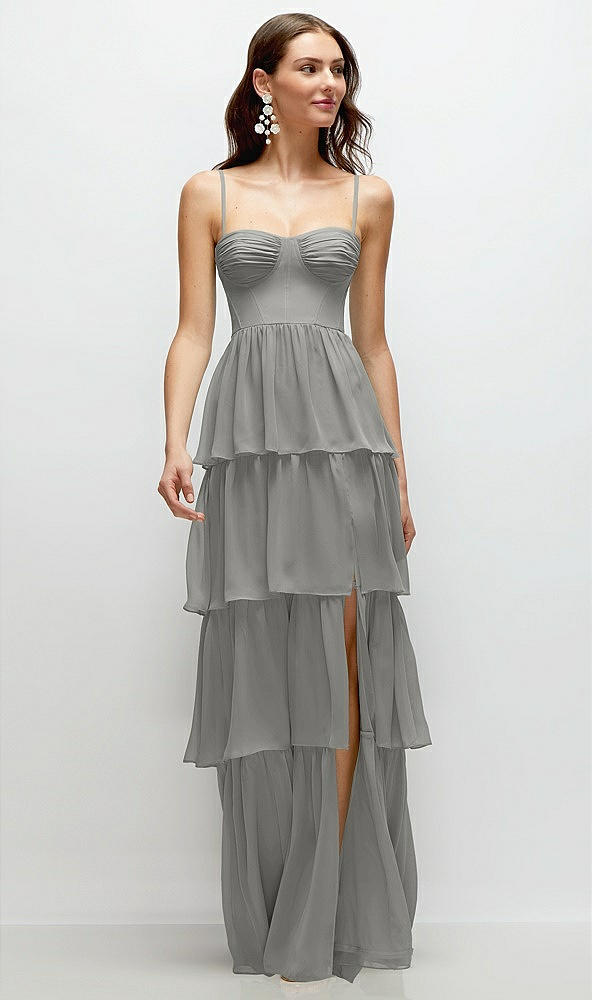 Front View - Chelsea Gray Bustier-Style Chiffon Tiered Ruffle Maxi Dress with Adjustable Straps