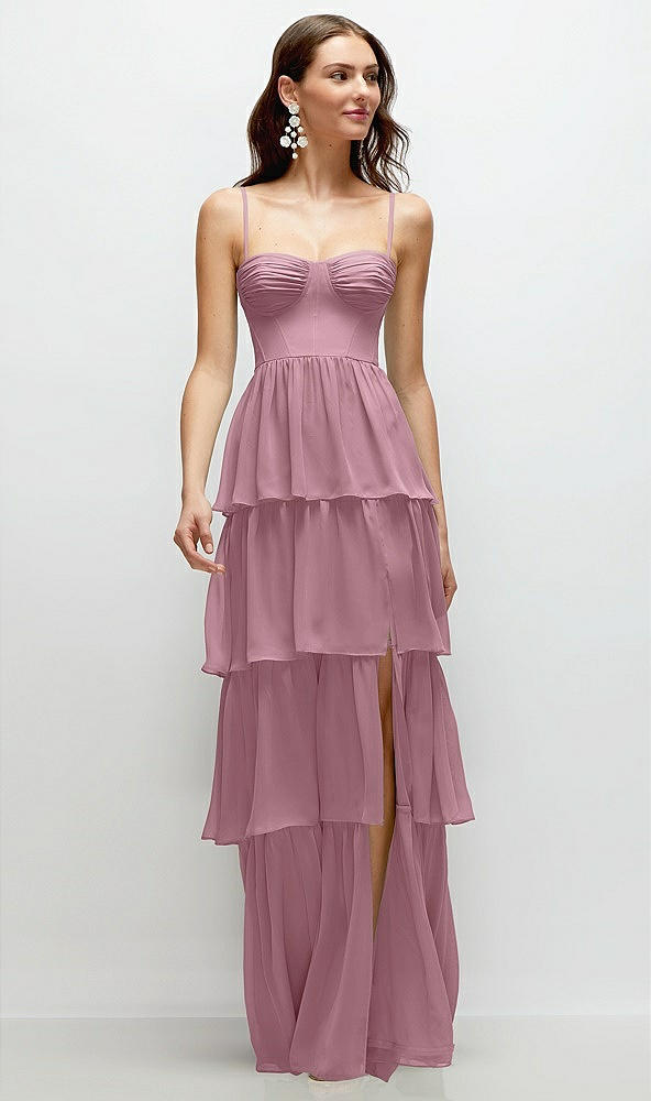 Front View - Dusty Pink Bustier-Style Chiffon Tiered Ruffle Maxi Dress with Adjustable Straps