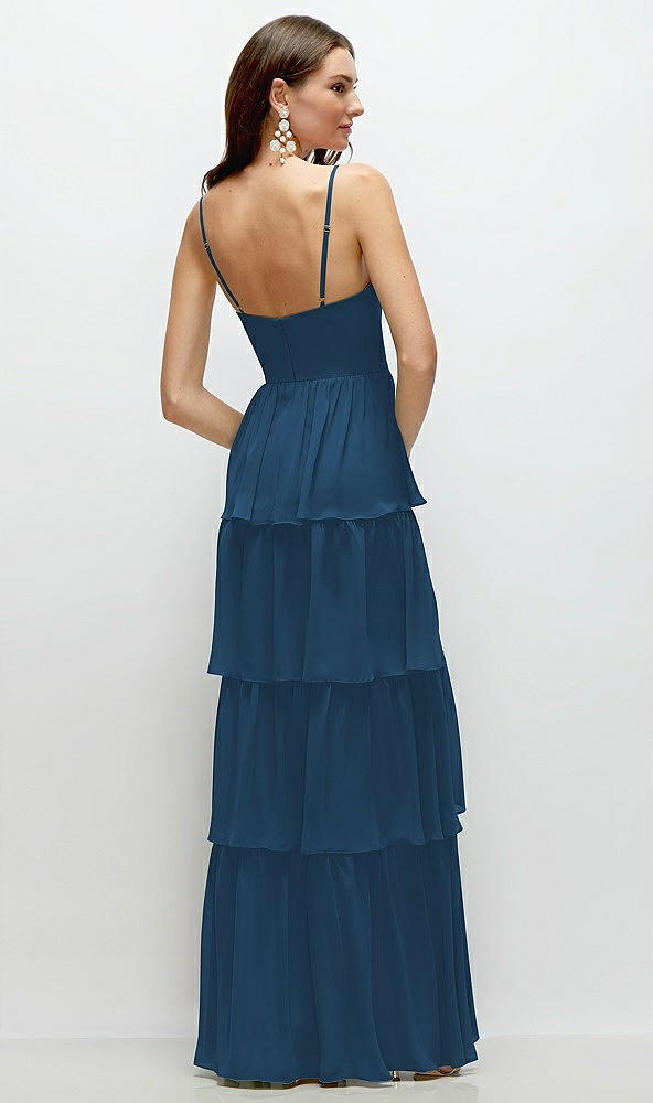 Back View - Dusk Blue Bustier-Style Chiffon Tiered Ruffle Maxi Dress with Adjustable Straps