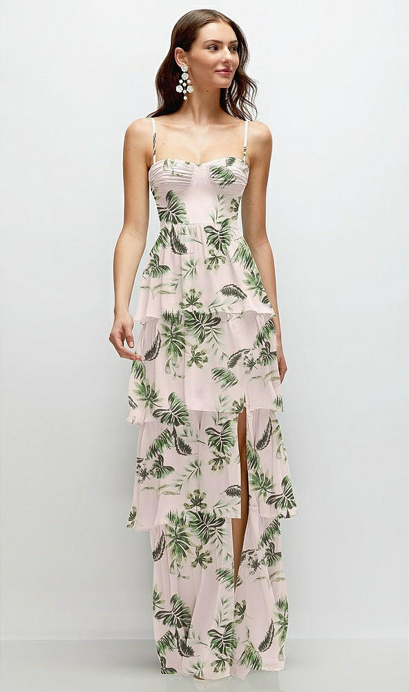 Front View - Palm Beach Print Bustier-Style Chiffon Tiered Ruffle Maxi Dress with Adjustable Straps