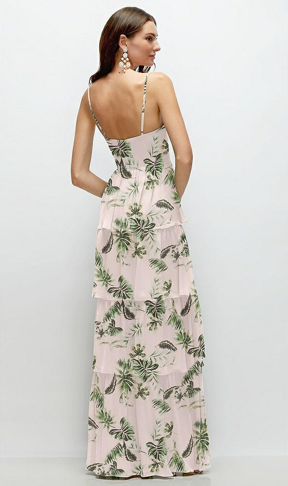 Back View - Palm Beach Print Bustier-Style Chiffon Tiered Ruffle Maxi Dress with Adjustable Straps