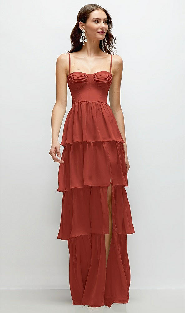 Front View - Amber Sunset Bustier-Style Chiffon Tiered Ruffle Maxi Dress with Adjustable Straps