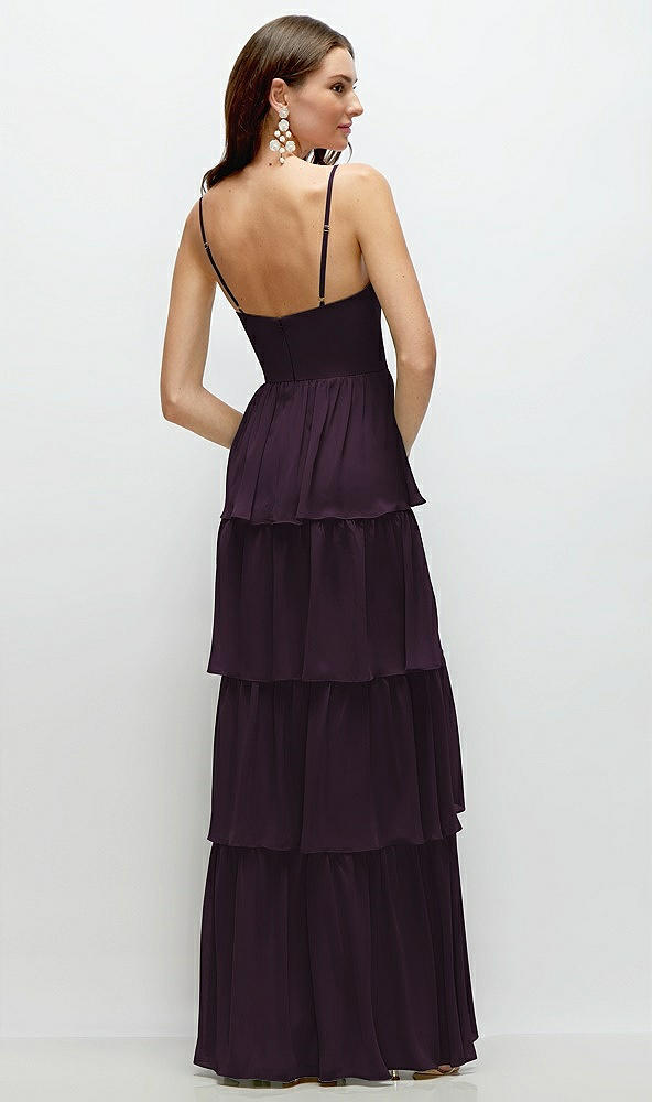 Back View - Aubergine Bustier-Style Chiffon Tiered Ruffle Maxi Dress with Adjustable Straps